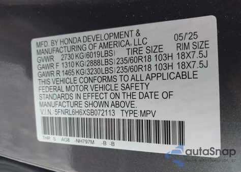 2025 Honda Odyssey Ex-L from USA, damaged, VIN 5FNRL6H6XSB072113